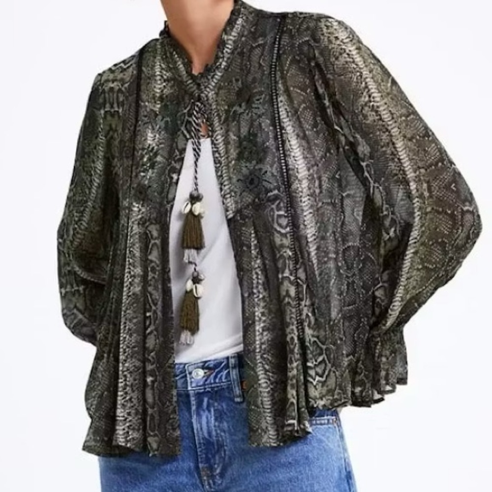 EUC Zara Olive Python Print Open Front Embroidere… - image 2